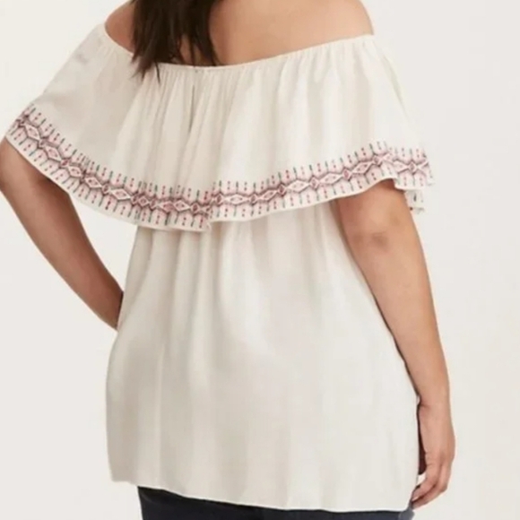 Torrid Hippie Senorita Boho Summer embroidered off the shoulder ruffle top - Picture 2 of 9